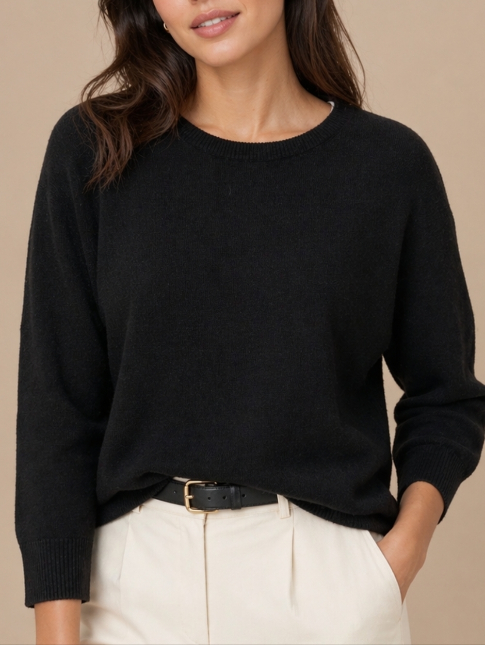 Forever 21 Black Knit Sweater Women’s Small 3/4 Sleeve Crew Neck Minimal Chic